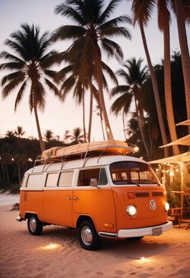 An orange and white vintage van is parked on a sandy beach