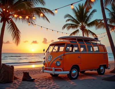A vintage van parked on a beach at sunset