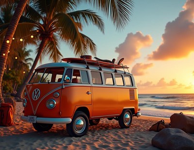 An orange van parked on a beach at sunset