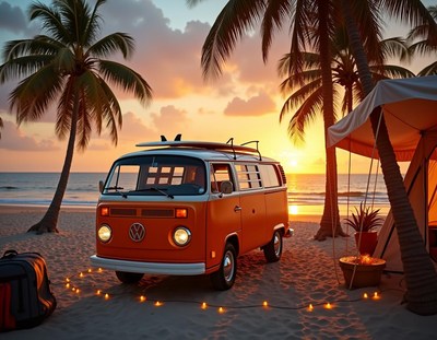 A vintage van is parked on a beach at sunset