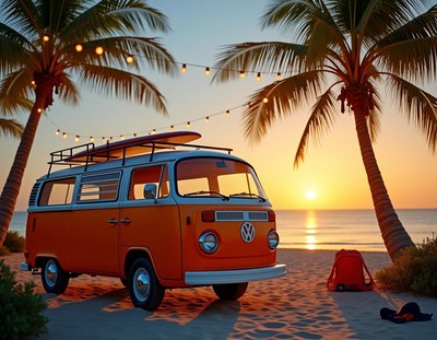 A classic van parked on a beach at sunset
