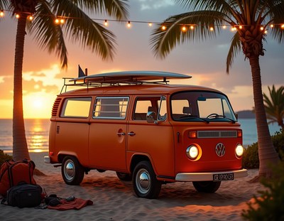 An orange van is parked on the beach at sunset