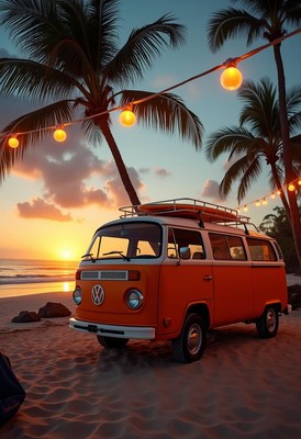 An orange van parked on a beach at sunset