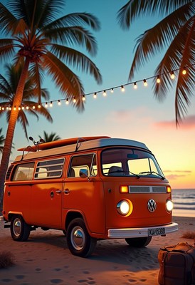 An orange van parked on a beach at sunset