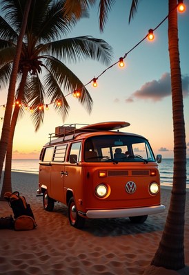 A van parked on the beach at sunset with string lights