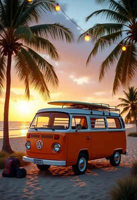 A classic van parked on the beach at sunset
