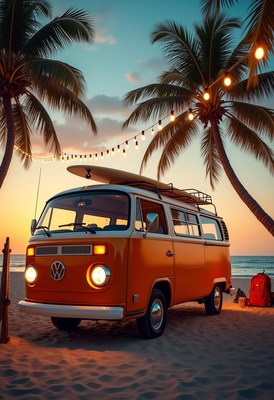 A vintage van parked on a sandy beach at sunset