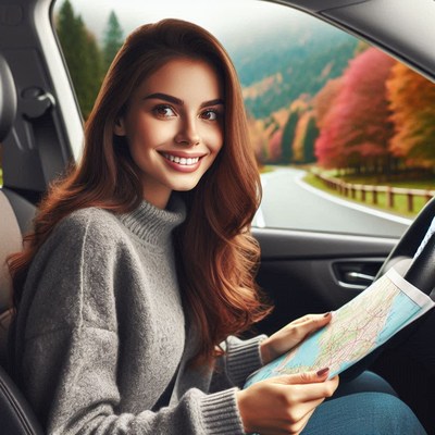 A woman smiles while looking at a map in her car
