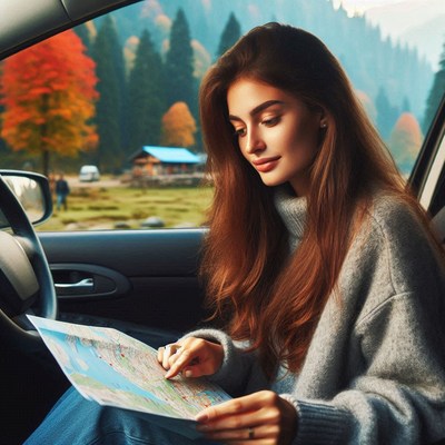 A woman looks at a map in a car