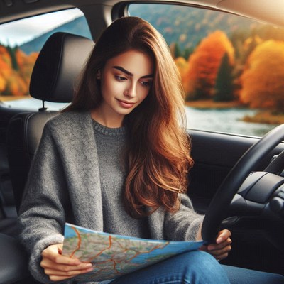 Woman studies a map in her car for her adventure