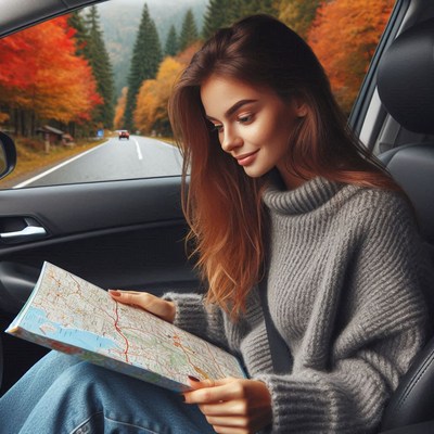 Woman checks map in car amidst autumn scenery