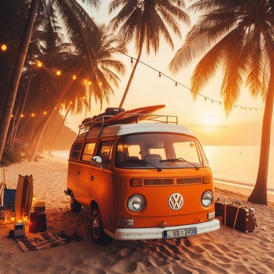 An orange van parked on a beach at sunset