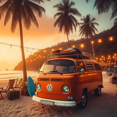 A vintage van parked on a beach at sunset