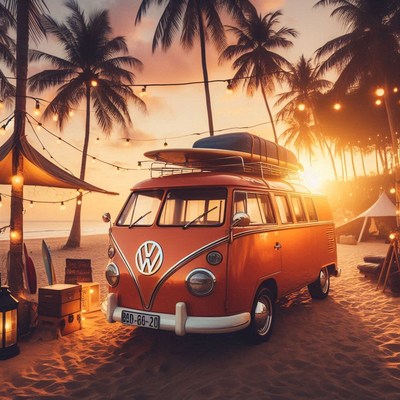 A vintage van parked on a beach at sunset