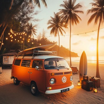 A classic van parked on a beach at sunset