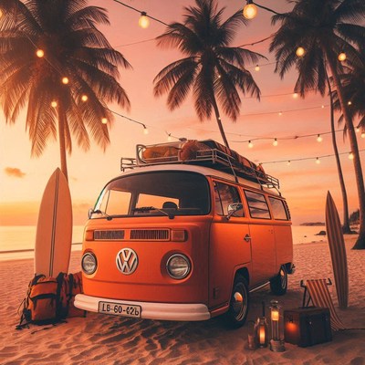A vintage van parked on the beach at sunset