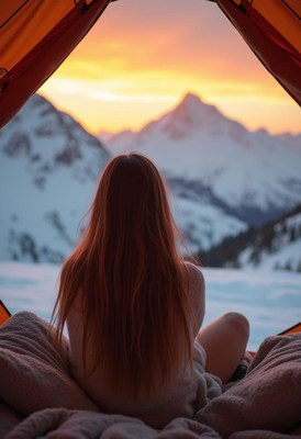 A woman enjoys the sunset from her tent in the mountains