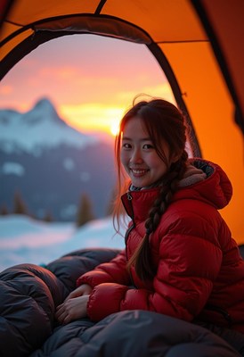 A woman wearing a red puffy jacket sits inside a tent