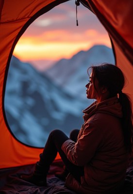 A woman sits in a tent and looks out at a mountain sunset