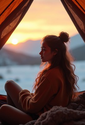 A woman watches the sunset from inside a tent
