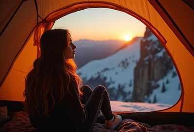 A woman sits in a tent, gazing out at a breathtaking sunset