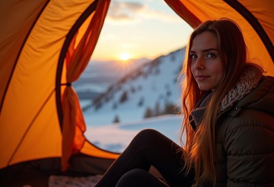A woman in a tent gazes at the snowy sunset