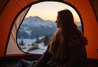 A woman enjoys the view from her tent in the mountains