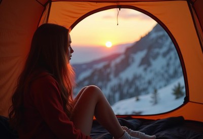 A woman watches the sunset from a tent in the mountains