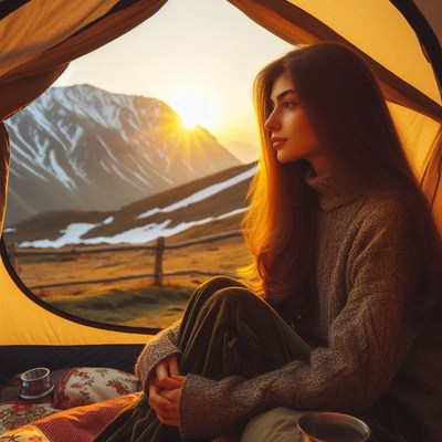 Woman in a tent gazes at the sunset over mountains