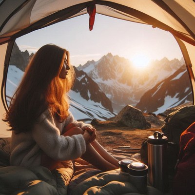 A woman enjoys the sunrise from her tent in the mountains