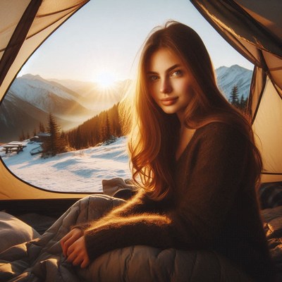 A woman sits in a tent and looks out at the snowy mountains