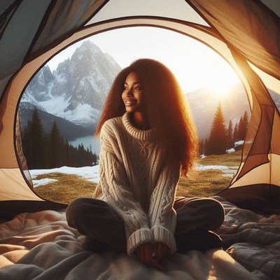 Woman in a tent views mountains at sunset