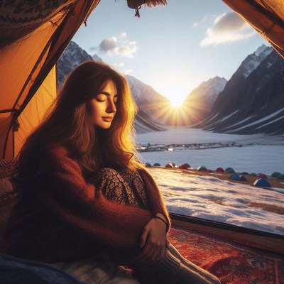 A woman in a tent watches the sunset over snowy peaks
