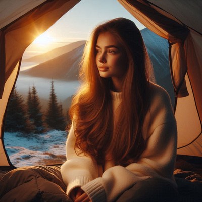 A woman looks out from a tent at a mountain sunrise