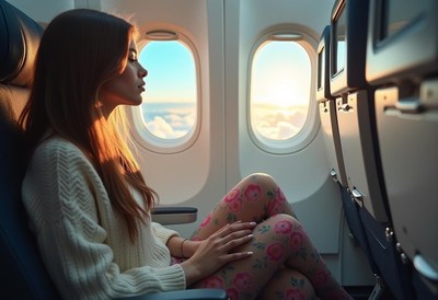 A woman looks out the window of an airplane during a flight