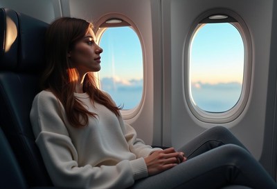 A woman sits by the window on an airplane