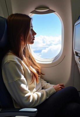 A woman looks out the window of an airplane