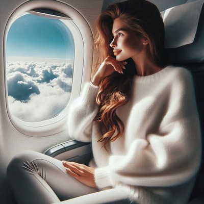 A woman gazes out the airplane window at the clouds