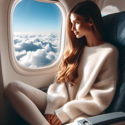 A woman gazes at clouds from an airplane window