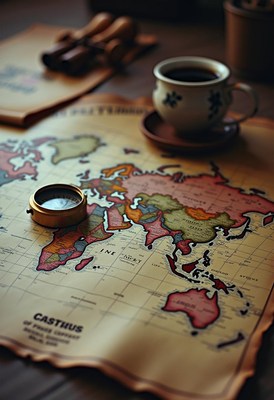 A compass sits on a world map, ready for the next adventure