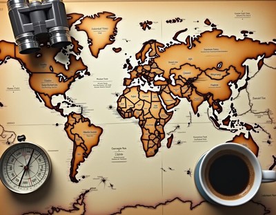 Vintage map, binoculars, compass, coffee cup