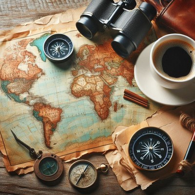 Map, compass, binoculars, and coffee await adventure