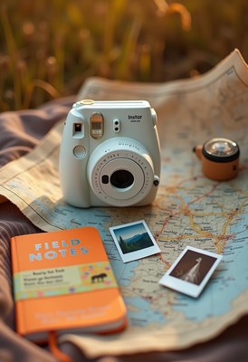 A white camera sits on a map, ready for adventure