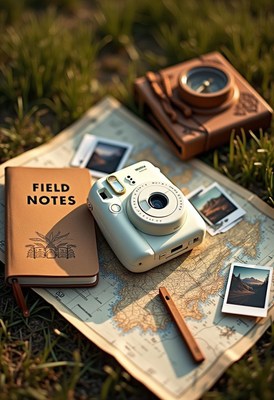 White instant camera on map with compass and notes