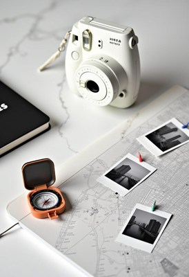 A white camera, compass, and instant photos on a city map
