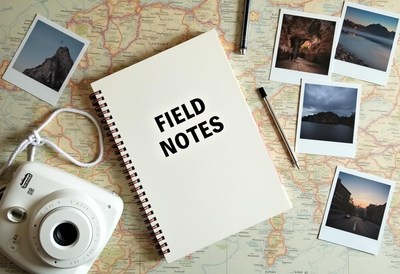 Field journal, camera, and instant photos on map