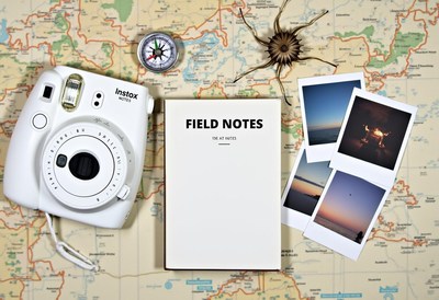 A white camera and notebook on a map ready for adventure