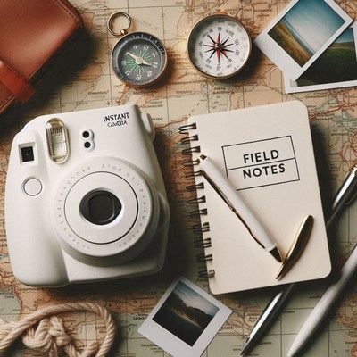 A white camera rests on a map with a compass