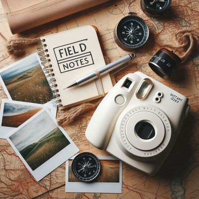 Vintage camera and notes mapped for adventure