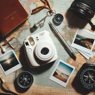 White instant camera on a map with compasses and photos
